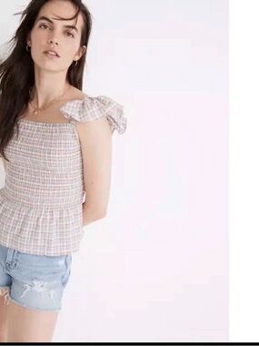 Madewell Seersucker Lucie Smocked Peplum Top in Rainbow Plaid